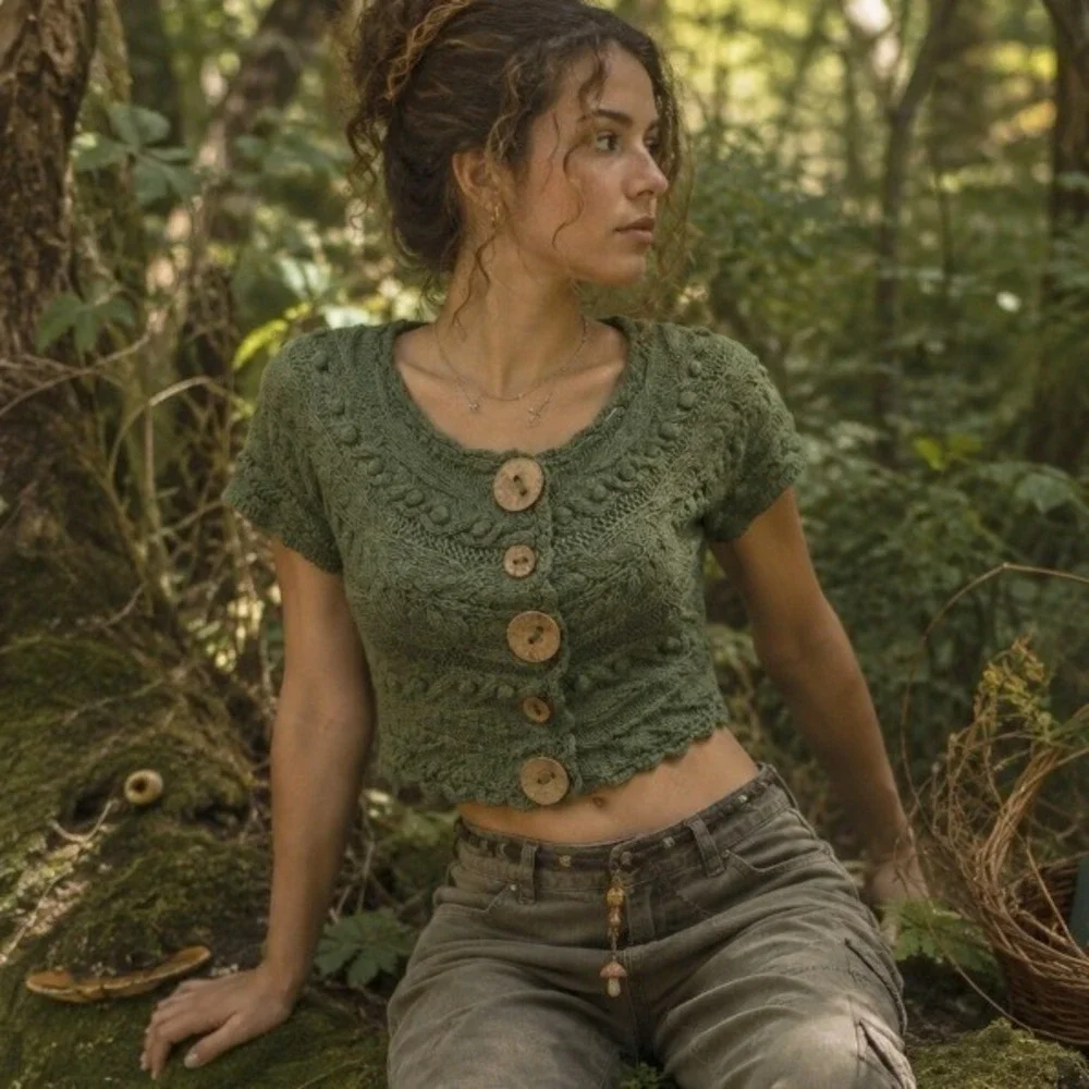 Anthropologie Cable Knit Chunky Wool Sweater‎ Green Crop Small Earthy Goblincore